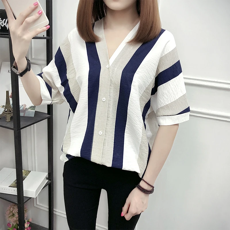 Vrouwen Gestreepte Blouse Shirt Half Mouw Blouse V-hals Shirts Casual Tops Blouse et Chemisier Femme Blusas Mujer de Moda