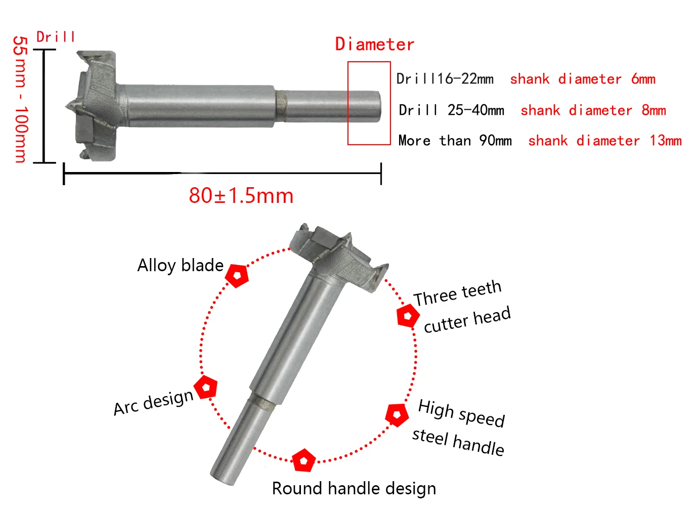 Forstner-ドリルビット,50〜100mm,高品質のドリルビット,木工用,セルフセンタリング,炭化タングステン製,1個