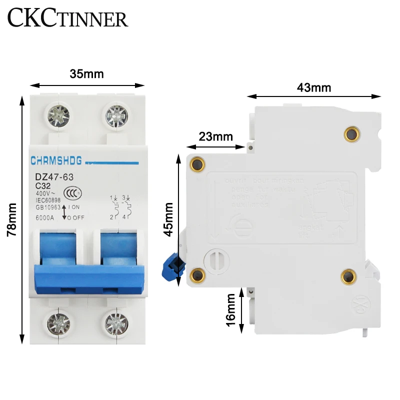 DZ47-63 2 Pole 6A/10A/16A/20A/25A/32A/40A/50A/63A 400V C Type Mini Circuit Breaker MCB 35mm Din Rail Mount Breaking Capacity 6KA