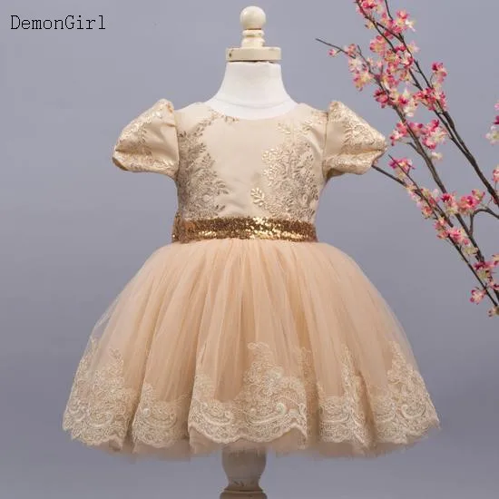 Cute Baby Girl Birthday Dress Champagne Lace Tulle Kids Prom Clothing Outfits Photoshoot Gift for Kids