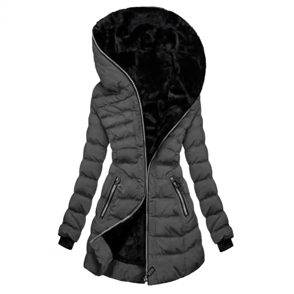 Winter Women\'s Jacket Coat Solid Color Zipper Closure Slim Waist Hooded Quilted Overcoat for Women Outdoor