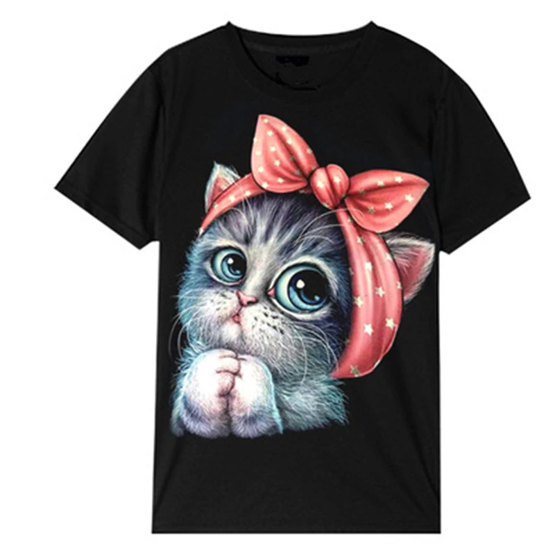 Ladies Summer Printed Cat Pattern Short Sleeve T-Shirt Loose Thin Black Trend Large Size