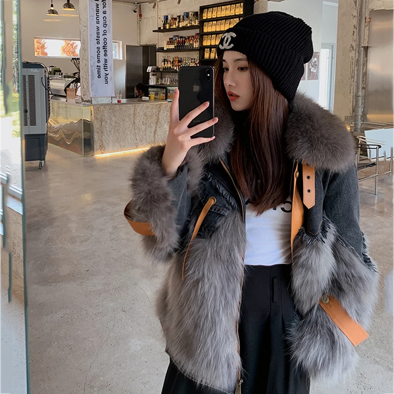 New Arrival Winter Raccoon Maopie Parka Real Coat Denim Patchwork Jacket Women Luxurious Young Style Woman Cowboy Fur Coat Parka