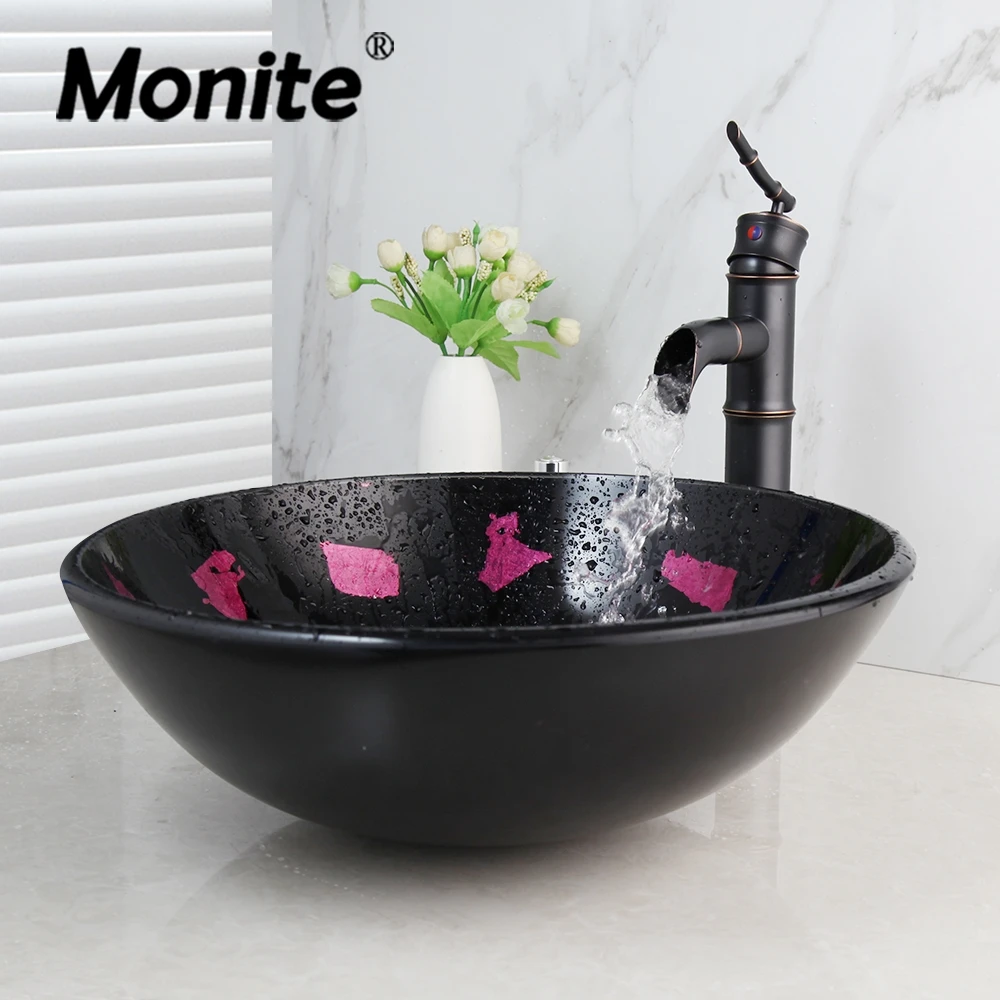 Monite Purple Tempered Glass Sink Washbasin Lavatory Bamboo Waterfall Soild Faucet Bathroom Sink Combine Faucet Mixer Tap