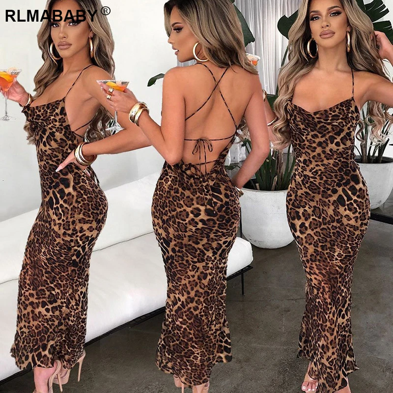 RLMABABY Sexy Backless Lace Up Print Leopard Maxi Bodycon Dress Women Elegant Slim Low Neck Sleeveless Casual Party Long Dress