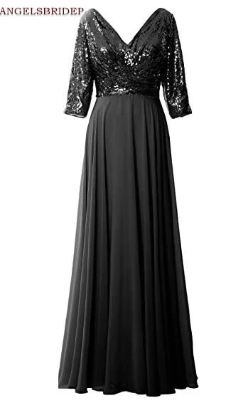 

ANGELSBRDRIDEP Long Sleeves Mother Of Bride Dress Formal V-Neck Bling Bling Sequined Floor-Length Evening Party Gowns Plus Size