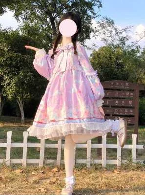 Vestido de princesa de lolita op loli para chica, ropa de fiesta de té con lazo, manga abombada, vintage, bonito, estampado de cintura alta