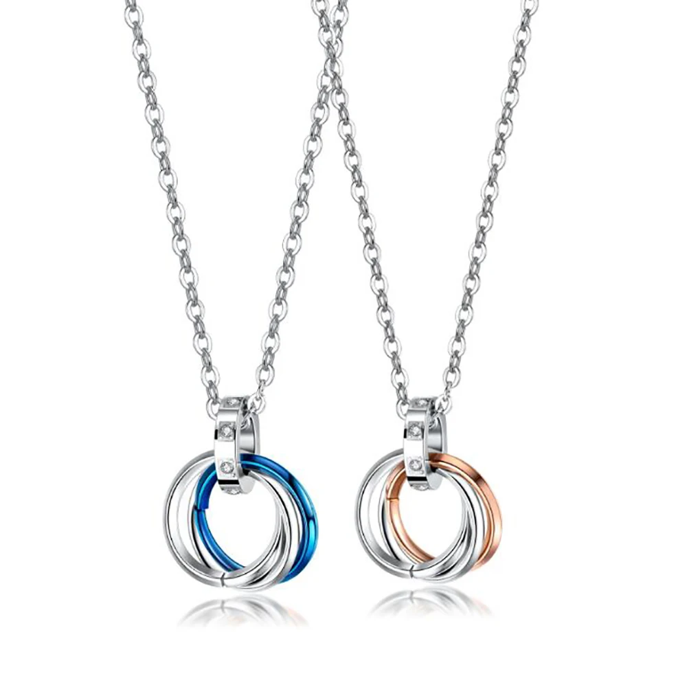 Stainless Steel Black Blue Rose Gold Three Interlocking Braided Circles Pendant Necklace