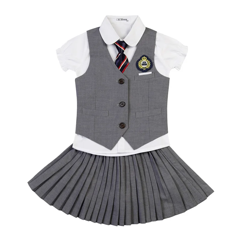 Crianças coreano uniforme escolar meninos meninas saia plissada colete superior crianças desempenho conjunto de roupas de palco vestir uniforme estudante roupa