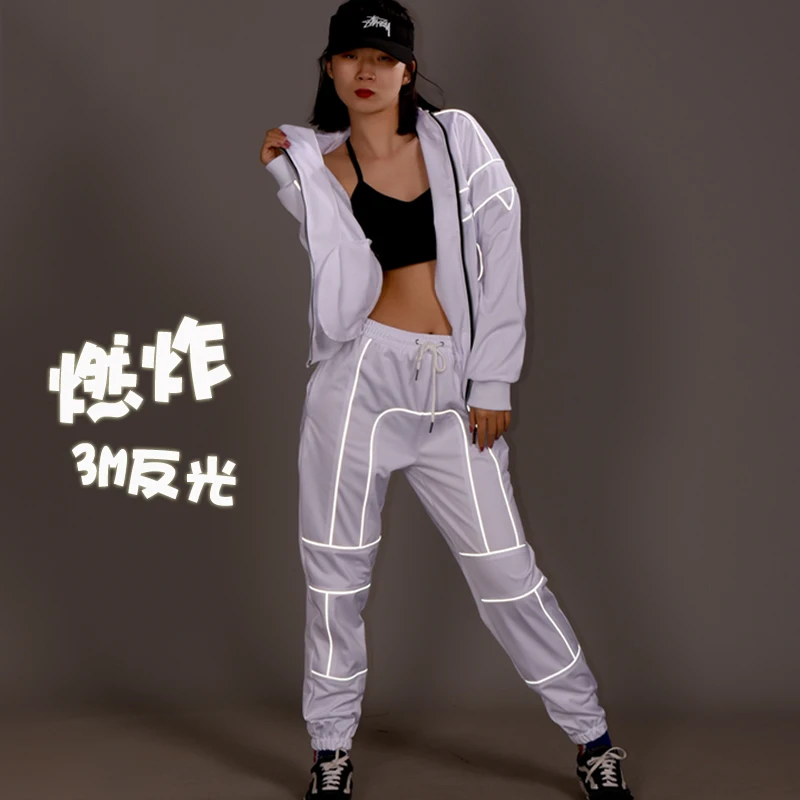 Novos adultos trajes de dança hip hop reflexivo branco roupas de dança de rua dos homens das mulheres roupa de palco jazz desempenho wear dn5373