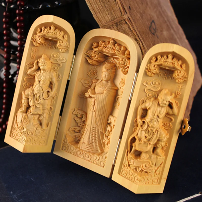 Factory wholesale boxwood carved Buddha Western Saha San Sheng three open boxes of wood crafts ornaments handmade creative gifts