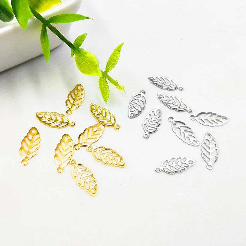 50pcs/lot 13*5.5mm Stainless Steel Hollow Out Leaves Pendants Charms Gold Color Tree Leaf Charms for Diy Jewelry Making Findings