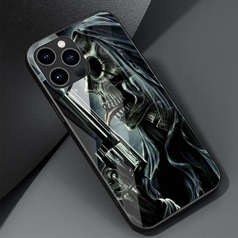 Fashion Skull Skeleton Grim Reaper Glass Phone Case for iPhone 11 12 13 Pro XR X 7 8 XS Max 6 6S Plus SE Mobile Phones Cover