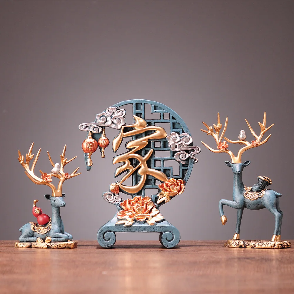 (3Pcs) Deer Ornaments Lucky Chinese Style Blessing Living Room Display Feng Shui Housewarming Gifts TV Cabinet Decorations