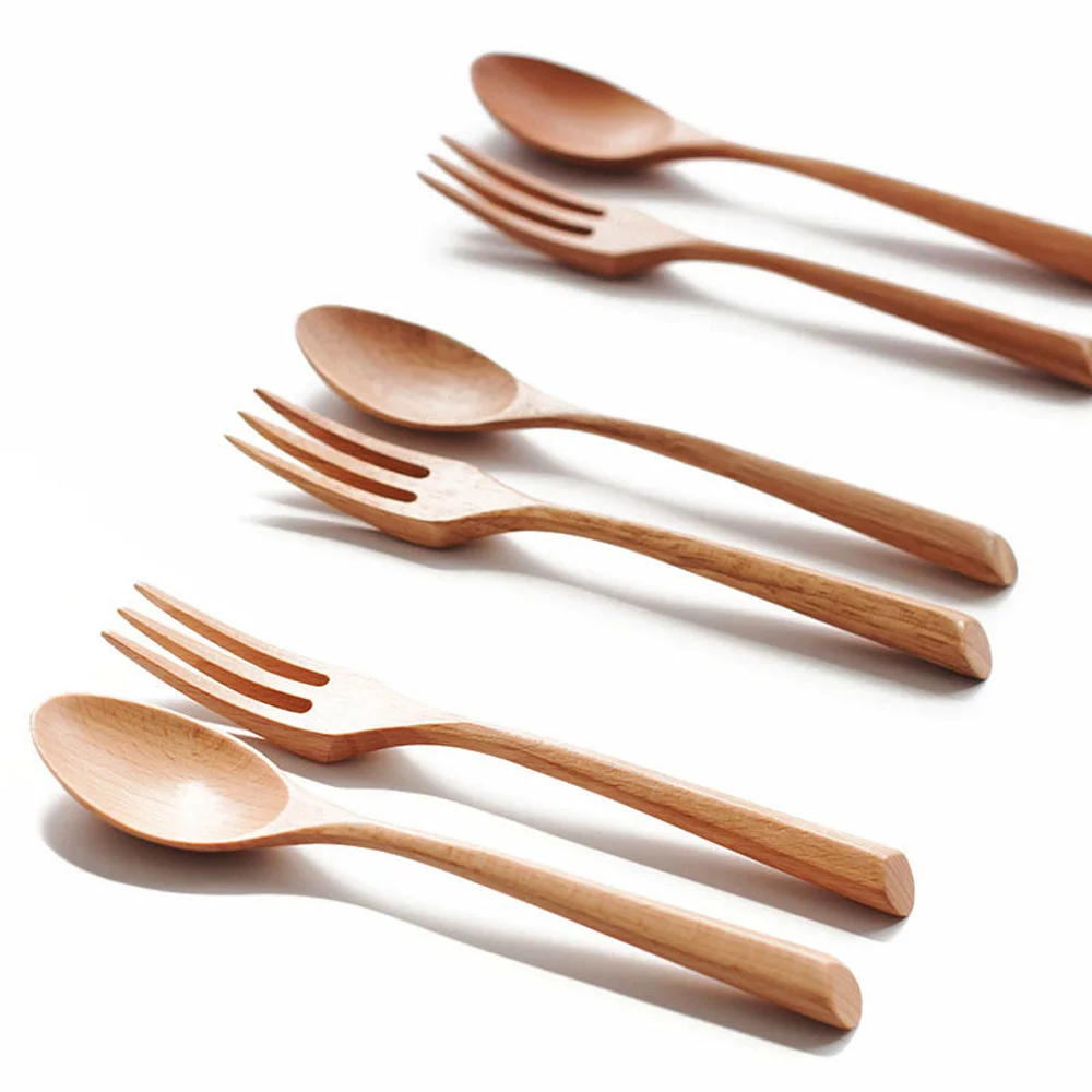 Creative Design Thick Handle Wood Spoon Fork Portable Tableware Wooden Cutlery Sets Travel Dinnerware Environmental Kitchen Tool