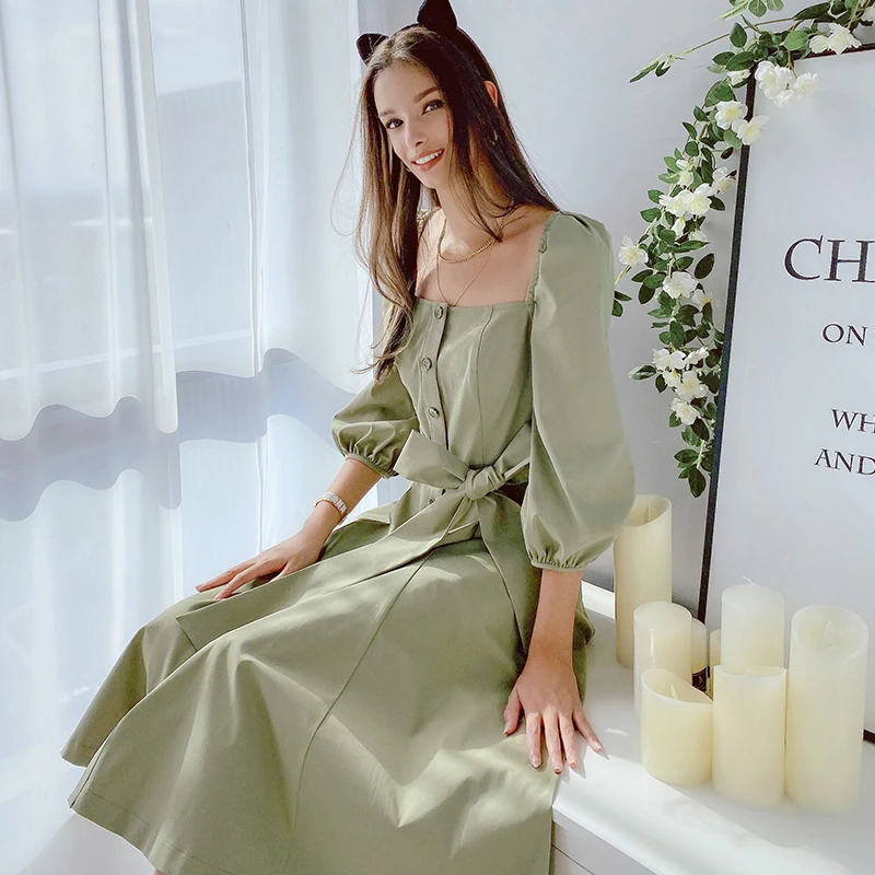 Dabuwawa Elegant Vintage Women Dress Early Autumn Puff Sleeve Square Neck Ruffles Pink Dresses Casual Long Dress DO1ADR040