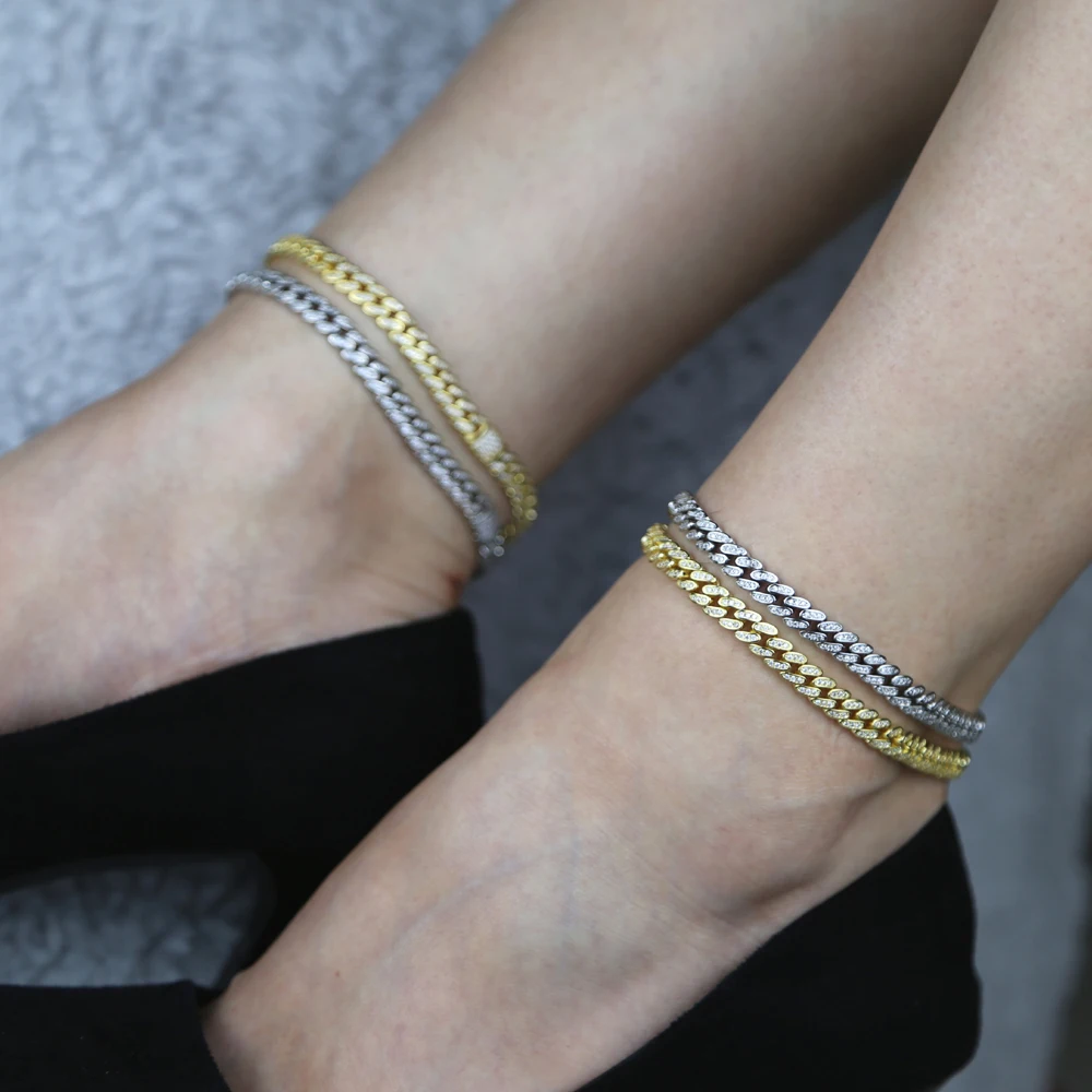 6.5mm Width Iced Out Bling 5A Cubic Zirconia Cuban Link Chain Anklet For Women Girls Summer Beach Thin Foot Chain Anklet 9\