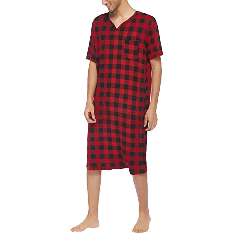 Fashion New Loose Plaid Printed Men Pajamas Short-sleeved V-neck Casual Homewear One-piece Nightdress Adult Onesie Mens Jumpsuit