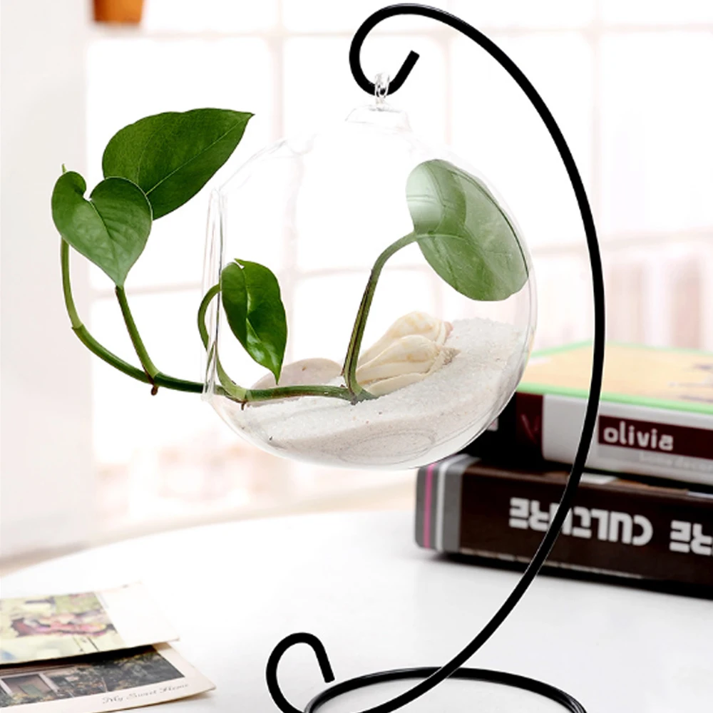 1Pc Micro Landscape Iron Shelf Hanging Ball High Borosilicate Glass Flower Plant Vase Container Ecological Bottle DIY Home Decor