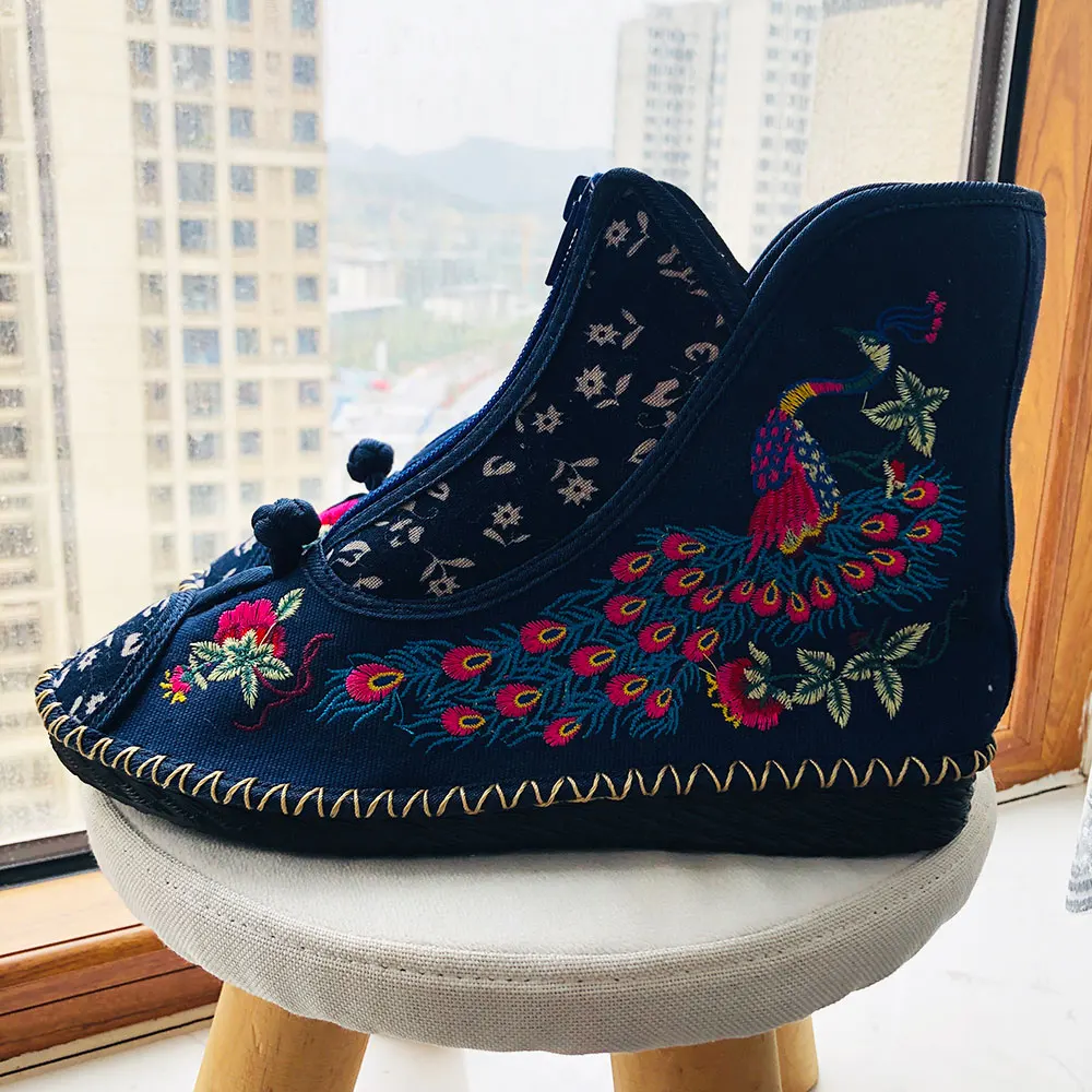 Veowalk Peacock Embroidered Women Canvas Flat Short Boots, Vintage Chinese Embroidery Cotton Booties Ladies Shoes Front Zippers