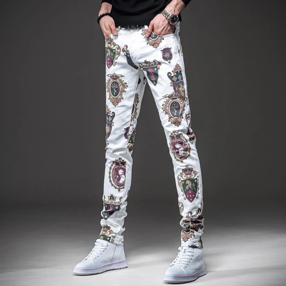 Clássico masculino cavalo leão impresso jeans floral colorido desenho estiramento denim calças de ajuste fino nightclub moda calças