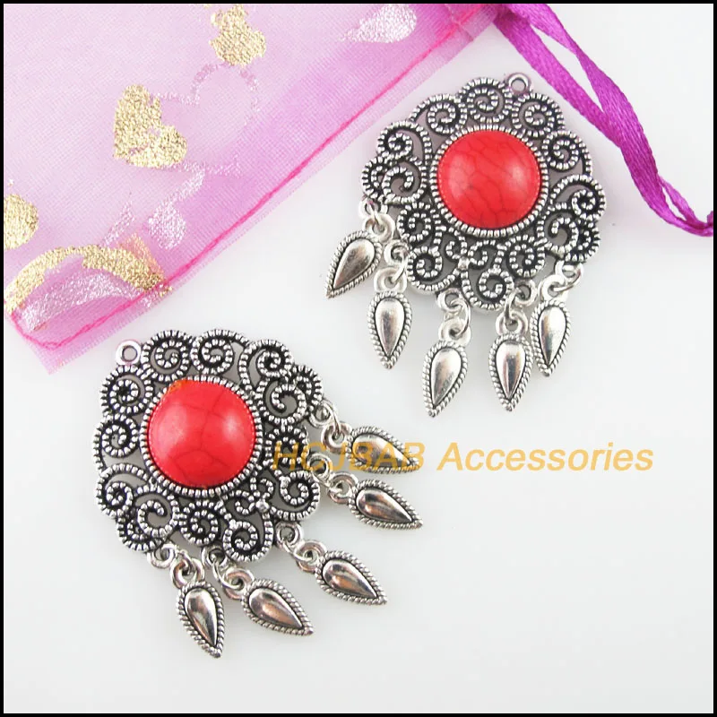 4 New Flower Charms Tibetan Silver Red Waterdrop Tassels Pendants Retro 30x45mm