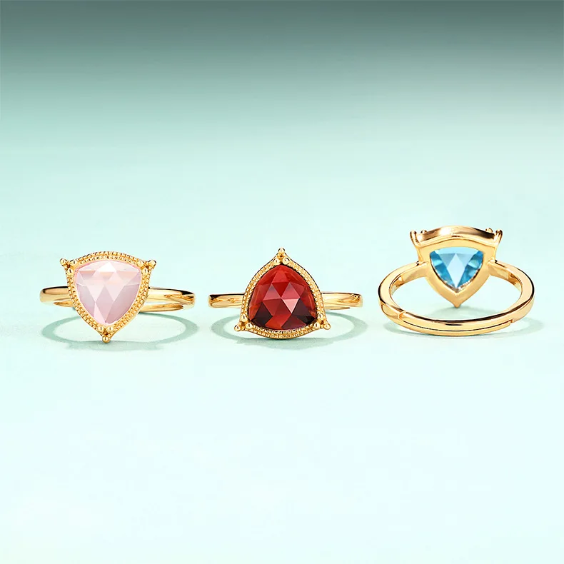 Anomokay Baru Kreatif Biru Topaz Segitiga Warna Emas Cincin untuk Wanita Hadiah Kekasih 925 Sterling Silver Satu Ukuran Cincin untuk pesta