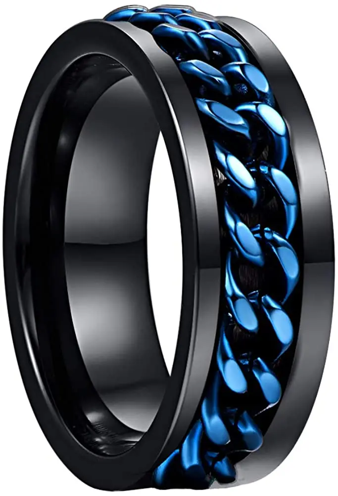 

Men's 8mm tungsten carbide ring Black Tungsten steel Ring with Blue Rotatable Chain Inlaid Comfort Fit Size 6-12