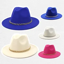 Fedoras Women's Hat Man Hat Felt White Silver Chain Church Hat Fashion Jazz Cap Autumn Winter Fedoras Wide Brim Panama 2021