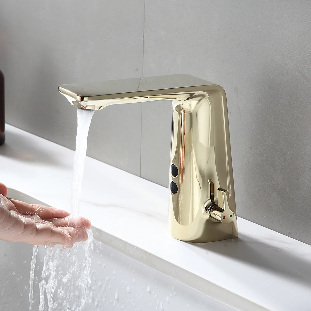 

smart automatic sink faucet golden color mixer water cold & hot ac 220 v and dc battery power 6 voltage