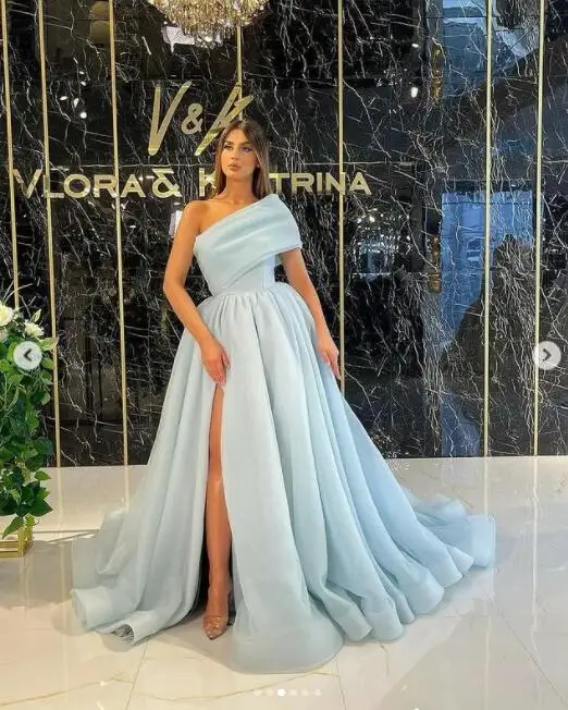 Smileven Sky Blue Organza formalne suknie wieczorowe jedno ramię seksowna strona Split Puff Tulle długa sukienka na przyjęcie suknie balowe linii