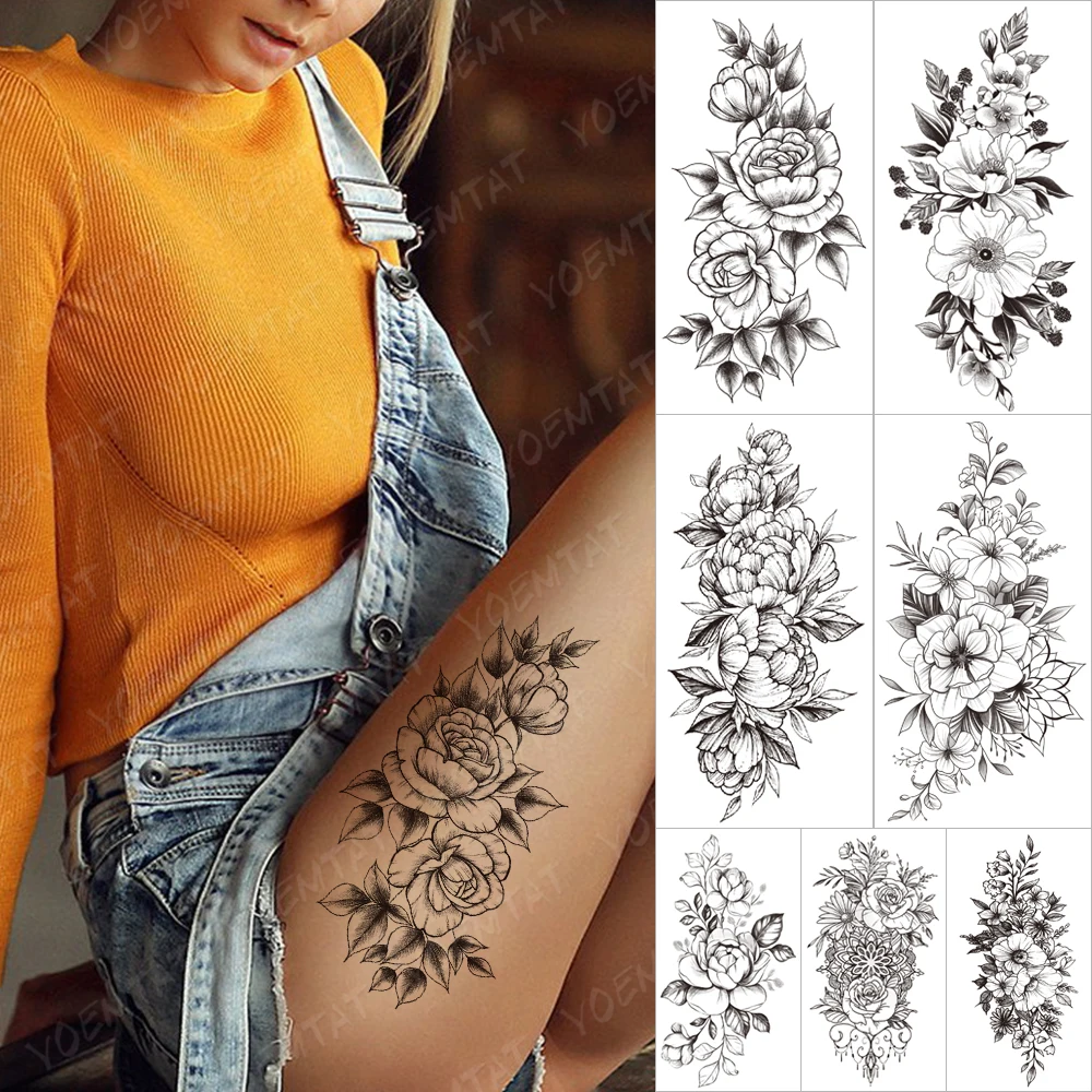 

Waterproof Temporary Sleeve Tatooo Stickers Simplicity Line Rose Jasmine Lily Transferable Tattoo Body Art Fake Tatoo Man Women