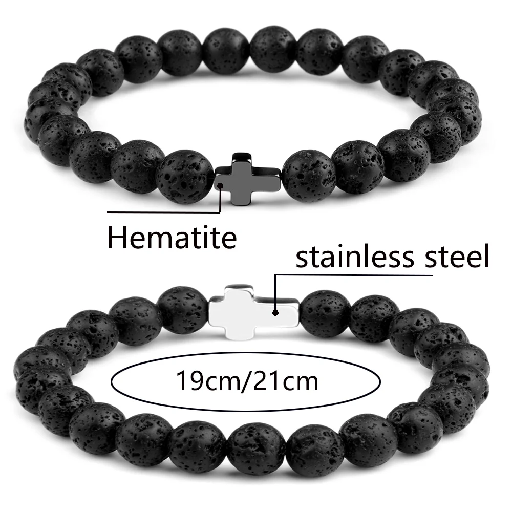 Natural Stone Cross Bracelets Hematite Stainless Steel Cross Elastic Rope Map Lava Bead Bracelet For Men Women Charm Jewelry