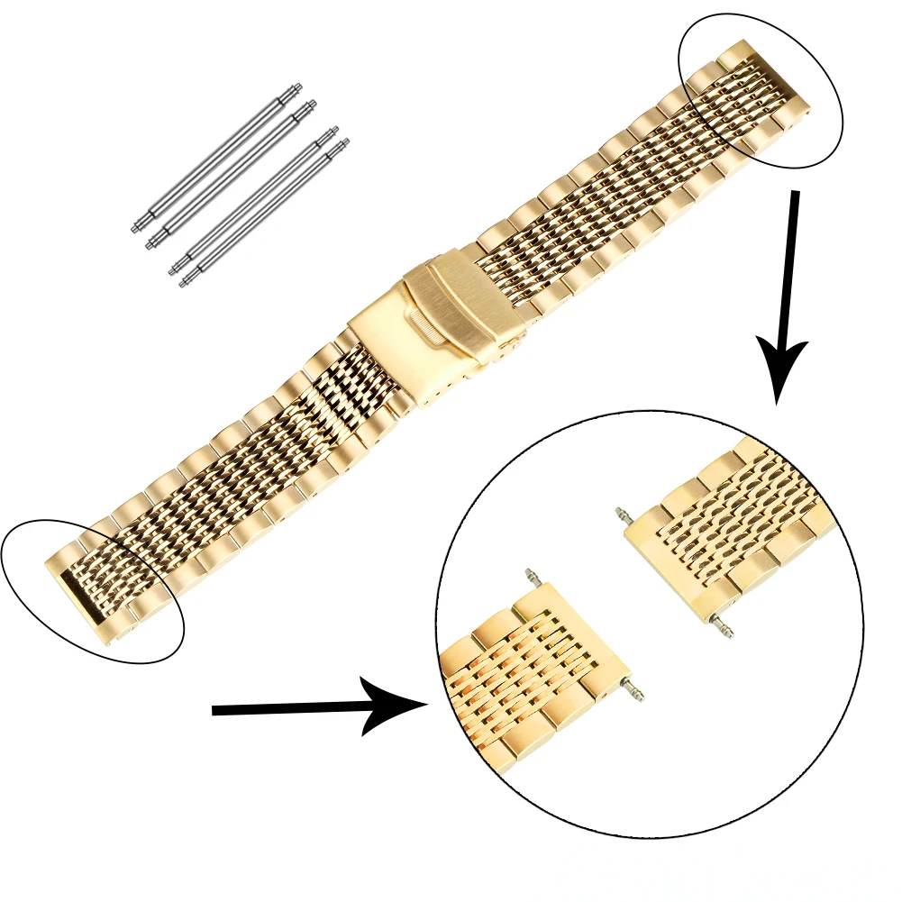 High Quality 18mm 20mm 22mm 24mm Gold/Rose Gold/Blue Stainless Steel Watchband Folding Clasp with Safety with Spring Bars Unisex