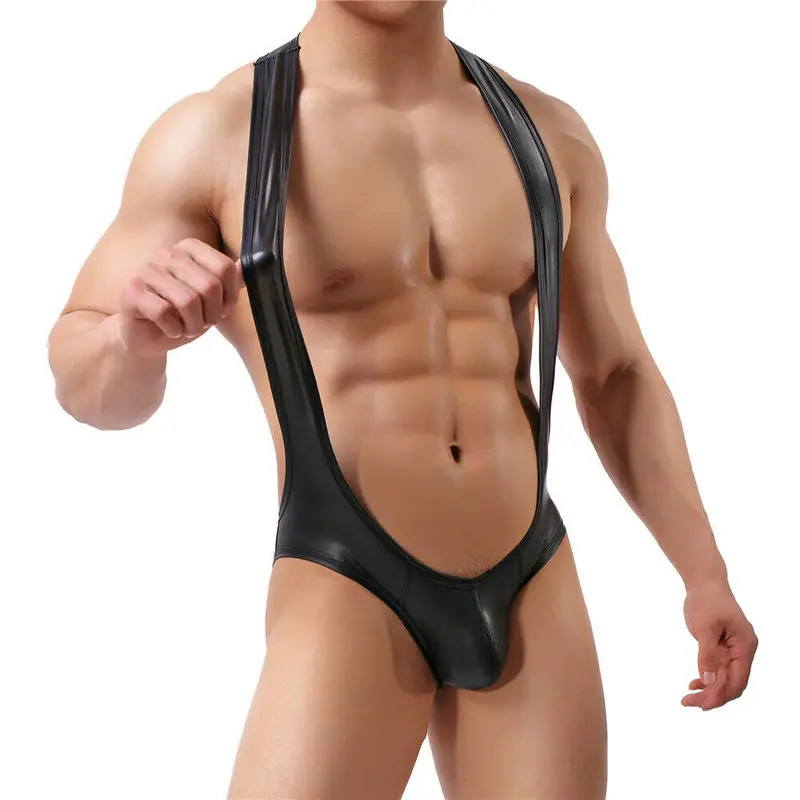 Sexy Men Undershirts Leotard Faux Leather Black Bodysuits Jockstrap Erotic Open Butt Wetlook Latex Jumpsuit Thongs Gay Underwear