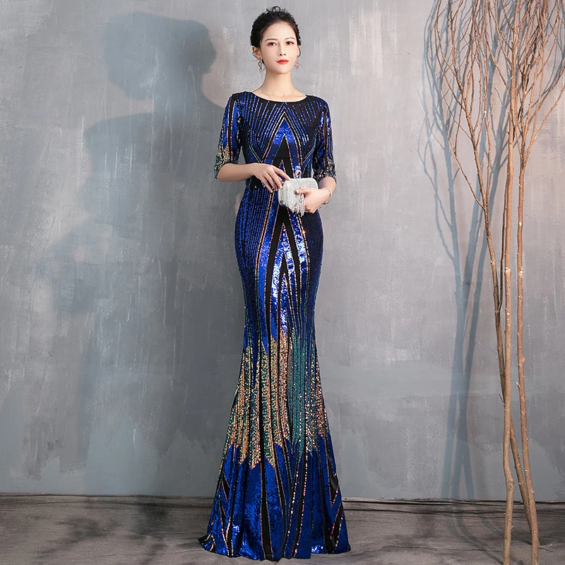 Wei yin AE0370 abito da sera blu lungo Sparkle mezza manica o-collo donna elegante paillettes sirena Maxi abito da sera abito da sera