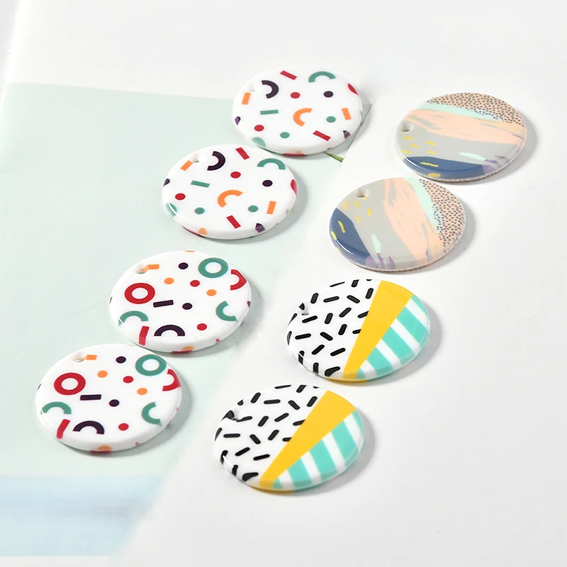 

New style 30pcs/lot 30mm color pattern print geometry rounds shape acrylic beads diy jewelry earring accessory