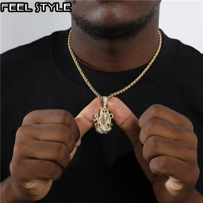 HIP Hop AAA Iced Out Bling Cubic Zircon Copper Egypt Ankh Cross Anubis Pendants &Necklaces For Men Jewelry With Tennis Chain