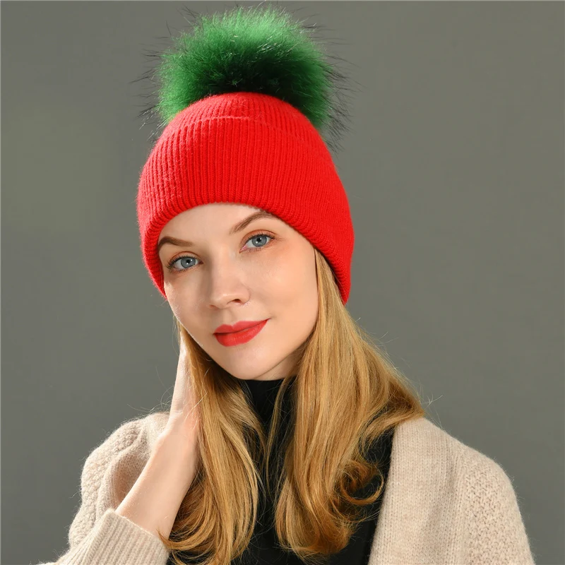 Jxwatcher New Women's Hat Winter Beanie Knitted Hat Angora Rabbit Fur Bonnet Girl 's Hat Fall Female Cap with Fur Pom Pom Tops