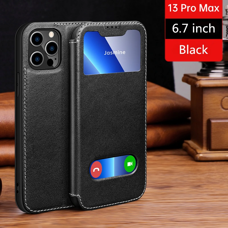 Smart View Window Flip Case for iPhone 16 15 14 13 12 11 Pro Max XR XS Plus Case Magnet Genuine Leather Free Answer Holder Cover
