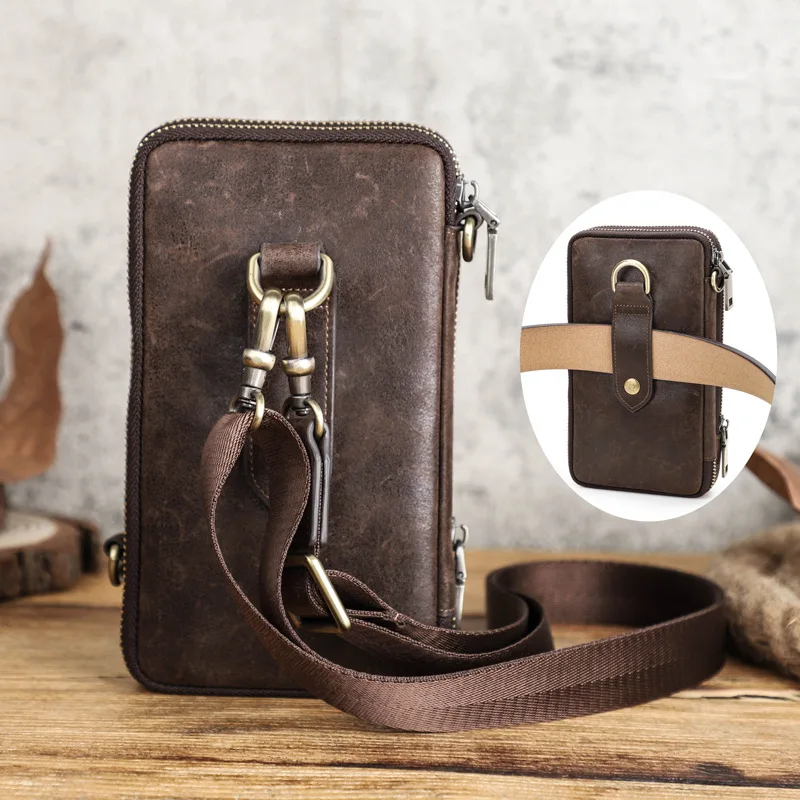 New Men\'s Leather Shoulder Bags Wallet Card Holder Messenger Bags Crazy Horse Cowhide Men\'s Mobile Phone Bag Waist Bag