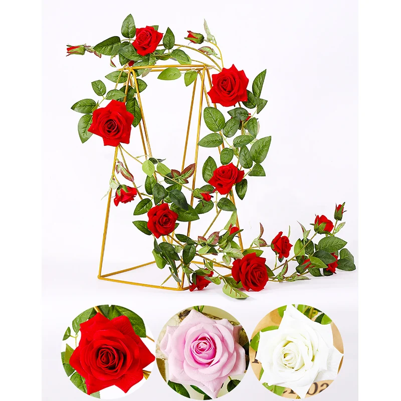 175cm Roses Artificial Flannel Flowers High Quality Wall Hanging Vine Fake Plants Rattan String Wedding Home Party Garden Decor