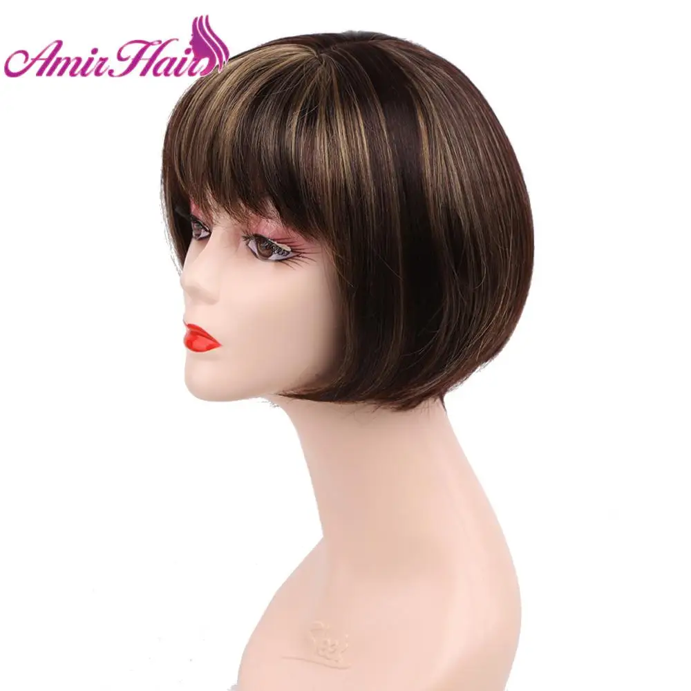 Amir short  Hair Wigs Synthetic Bob Wig With Bangs Ombre Black Mixed Brown Hair For Women Bob Hairstyle Heat Resistant Fiber