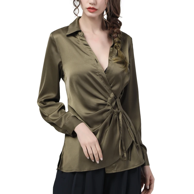 Women Spring Summer Long Sleeve Satin Top Lace-Up Shirt Fashion V-Neck Slimming Solid Color Crossed Design Ladies Casual Blouses