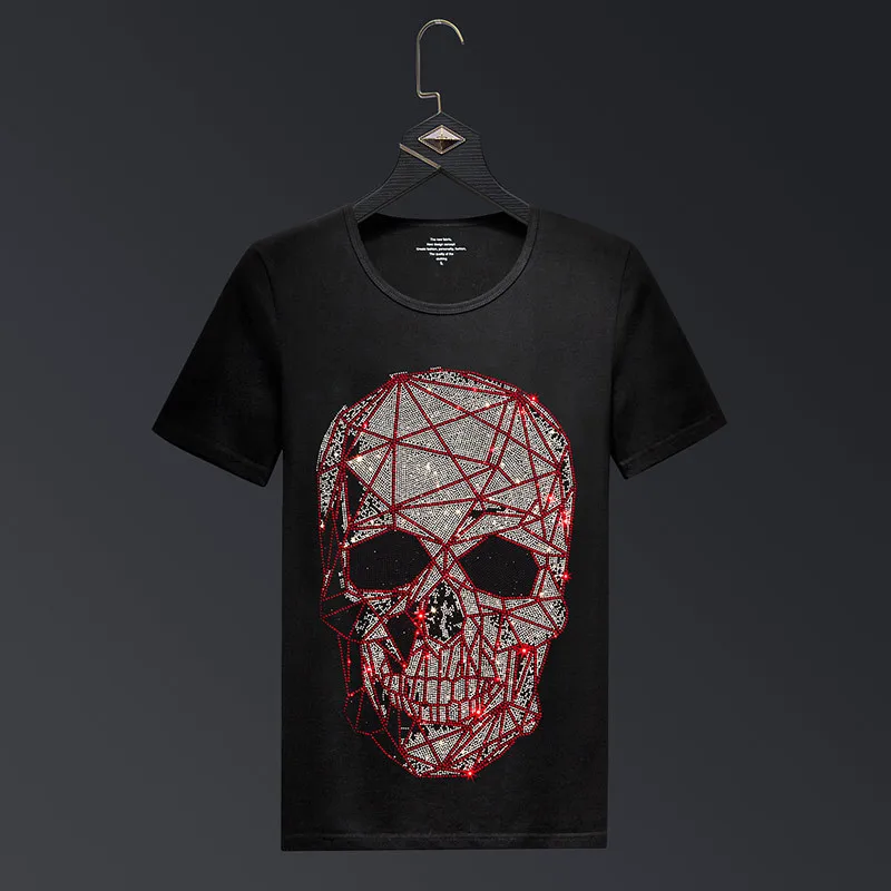 

Plus Size 2024 Fashion Skull Rhinestones T Shirts Men Brand Short Sleeve Man Streetwear O Neck Slim Tshirts Calaveras Camiseta