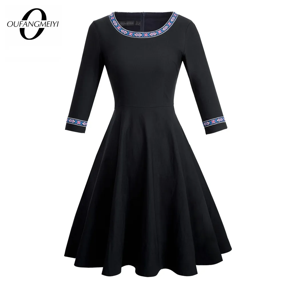 

Spring Women Classy Solid Black Color Dress Casual Party Elegant Swing Dress 1EA066