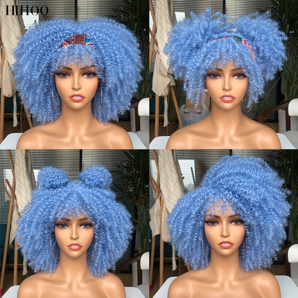 Short Hair Afro Kinky Curly Wigs With Bangs For Black Women Cosplay Lolita Synthetic Natural Blonde Wig Red Blue Orange Wig