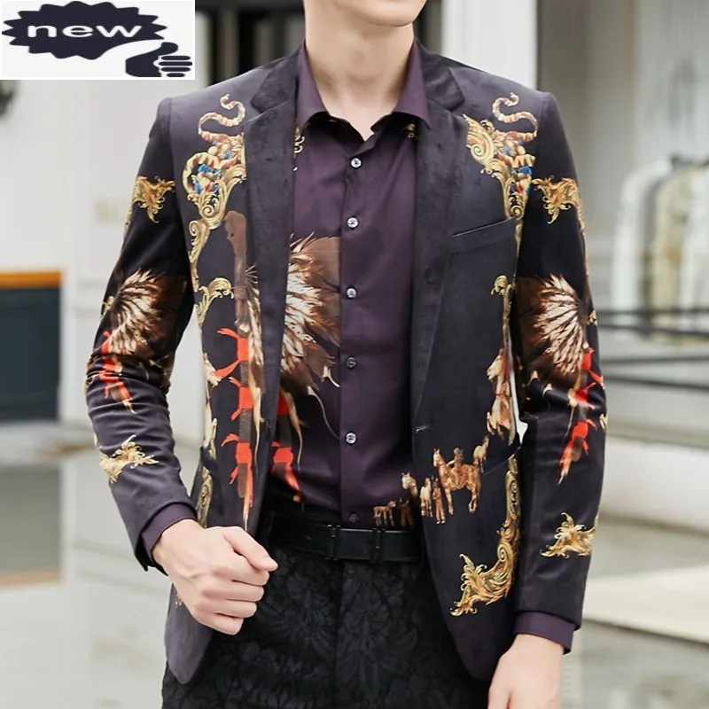 

Vintage Mens Floral Printed Blazer Top High Quality Velvet Business Man Party Slim Fit Suit 2021 Fashion Jacket Banquet Blazers