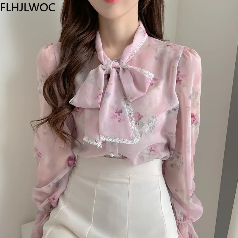 Cute Pink Retro Vintage Ruffles Bow Tie Ribbon Tops Flhjlwoc Basic Elegant Work Formal Single Breasted Button Solid White Shirts