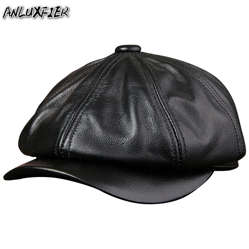 B-8807 Men's Visors Hats Cowboy Genuine Leather Hats Adult Autumn Winter Warm Head Wear Students Fashion Tongue Octagonal Hat